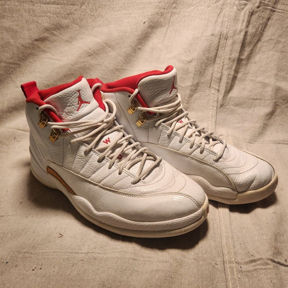 Air Jordan 12 Retro FIBA White Red Cherry Gold Sz 11.5M, 13.5W - 130690-107